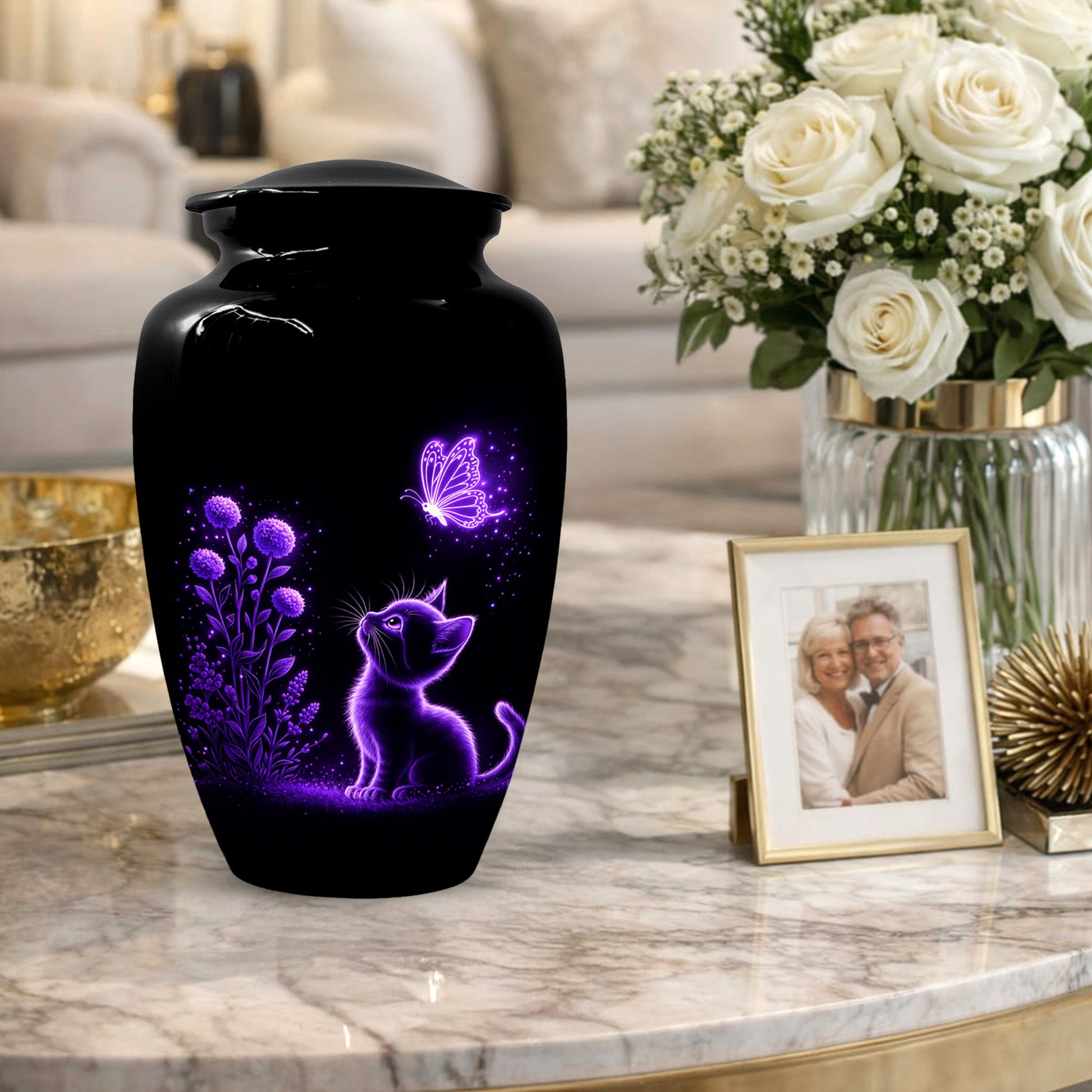 Personalized Cat Memorial Urn For Ashes - Purple Butterfly Pet Urns for Cats