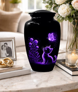 Personalized Cat Memorial Urn For Ashes - Purple Butterfly Pet Urns for Cats