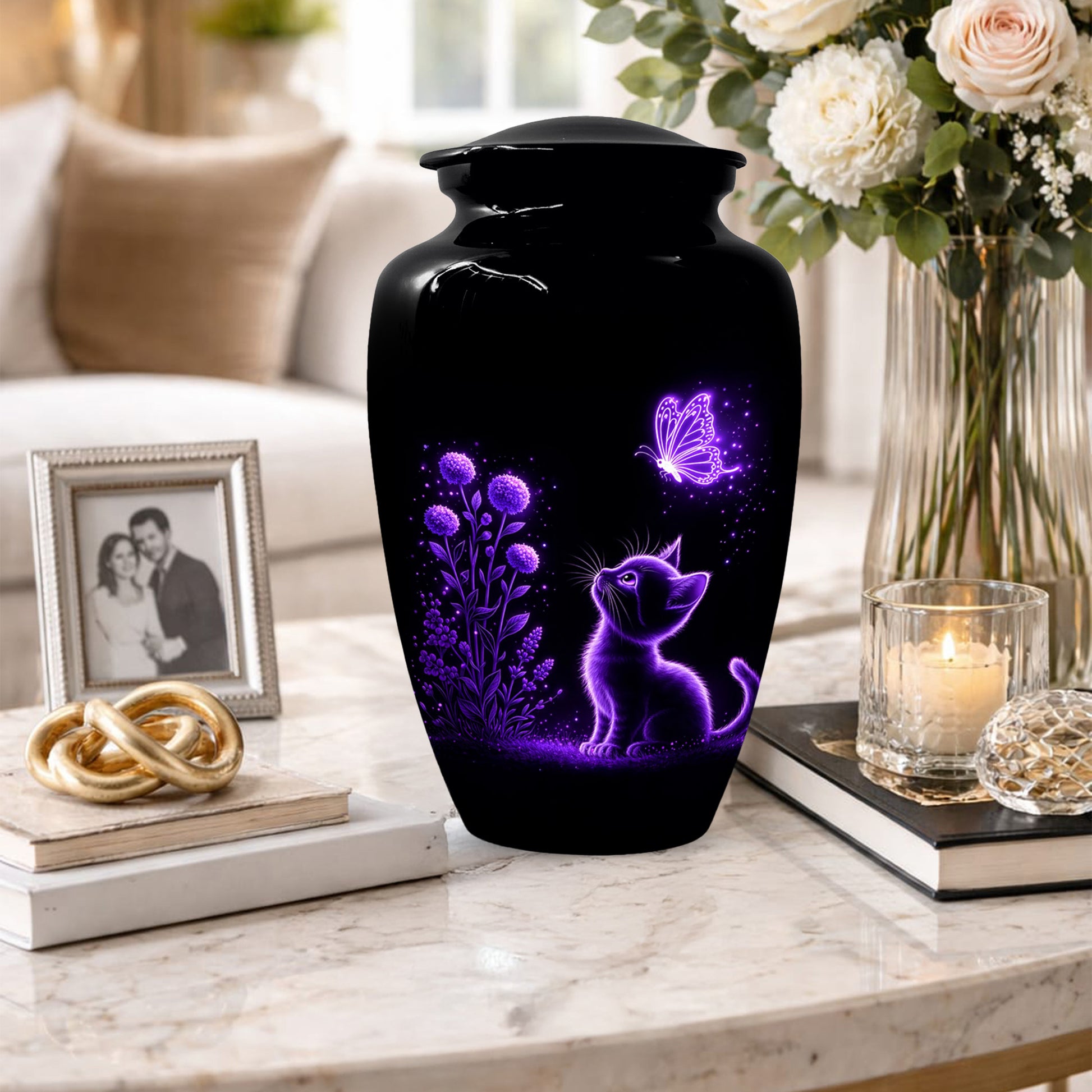 Personalized Cat Memorial Urn For Ashes - Purple Butterfly Pet Urns for Cats