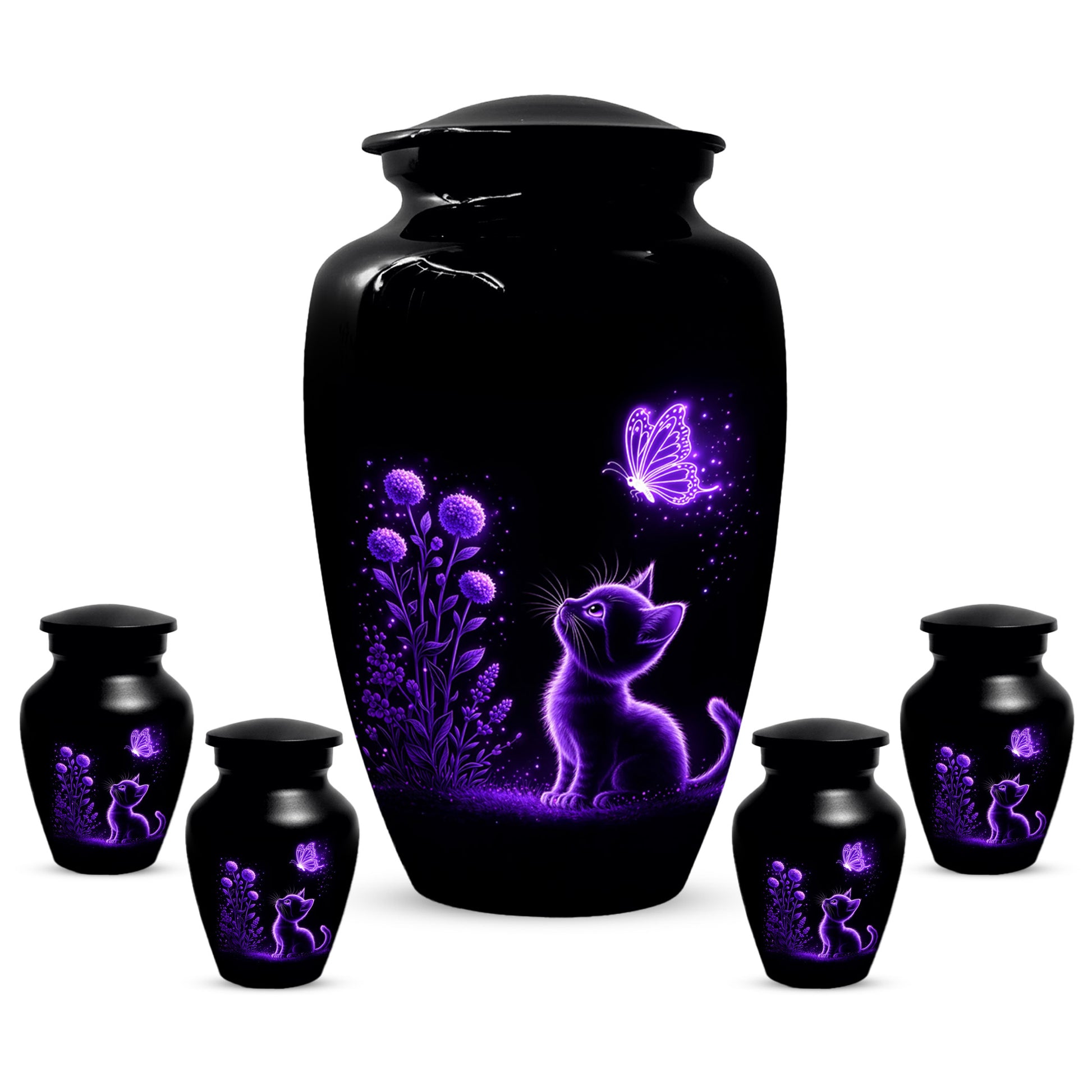 Personalized Cat Memorial Urn For Ashes - Purple Butterfly Pet Urns for Cats