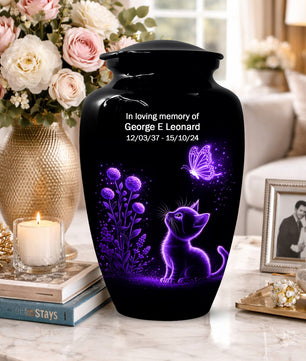 Personalized Cat Memorial Urn For Ashes - Purple Butterfly Pet Urns for Cats