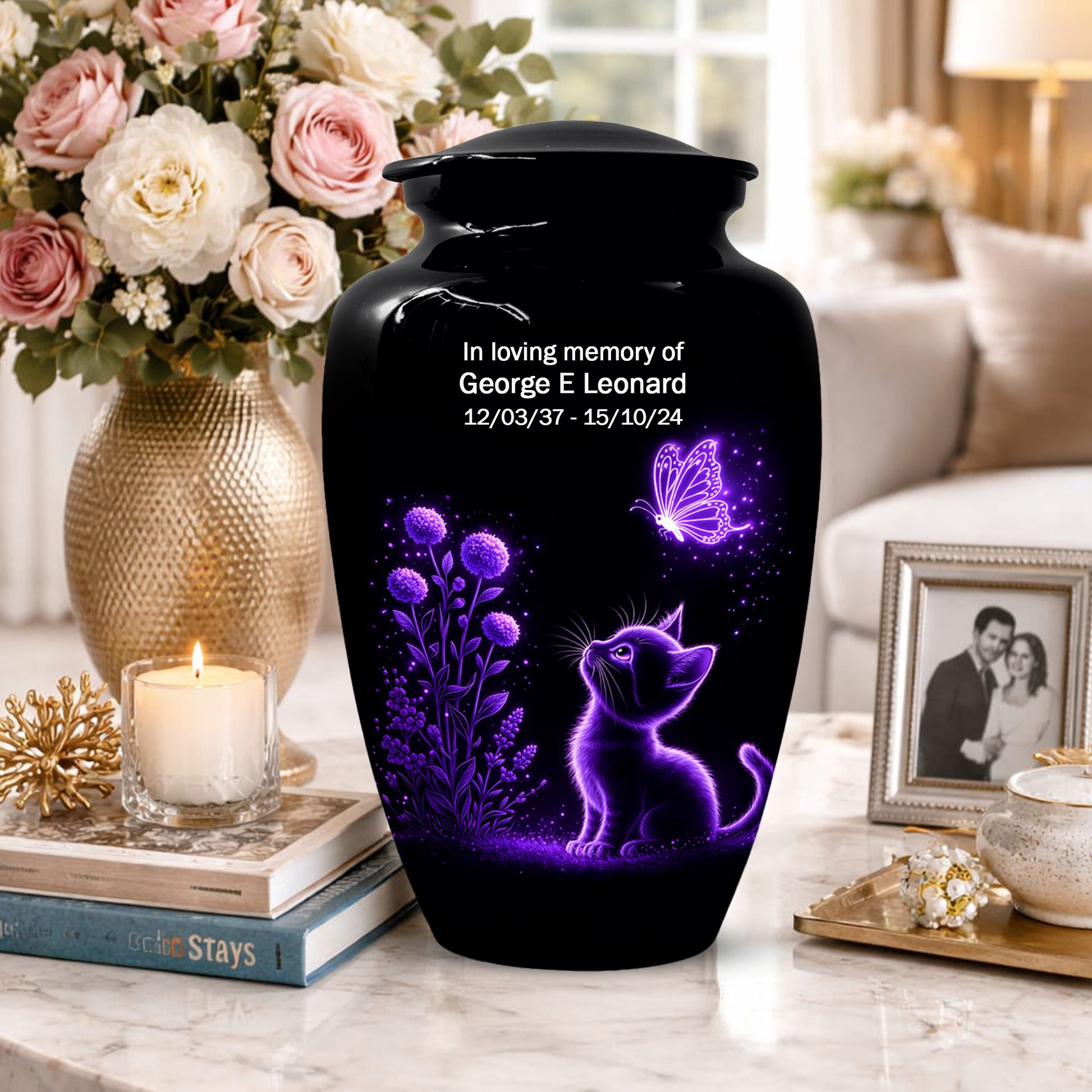 Personalized Cat Memorial Urn For Ashes - Purple Butterfly Pet Urns for Cats