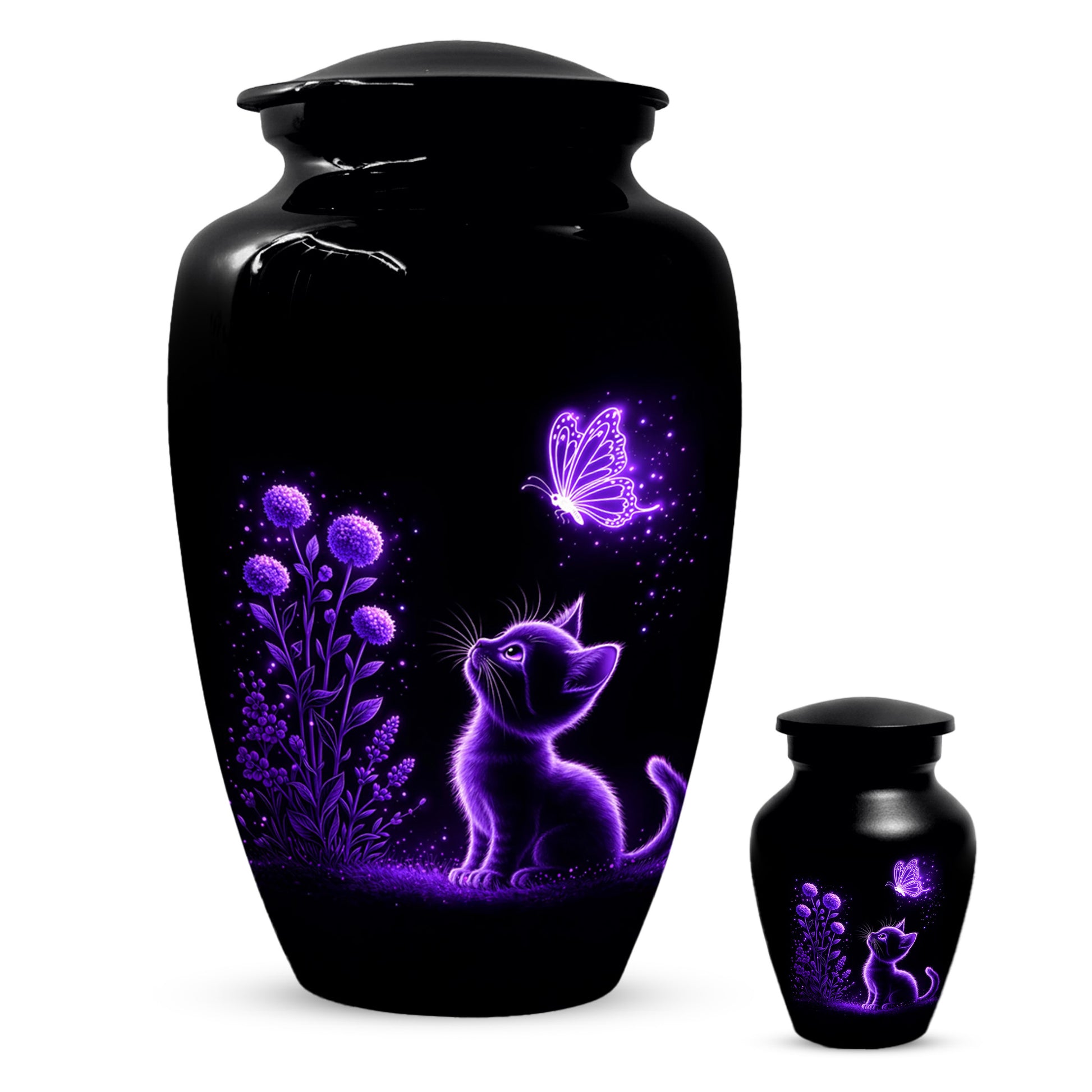 Personalized Cat Memorial Urn For Ashes - Purple Butterfly Pet Urns for Cats