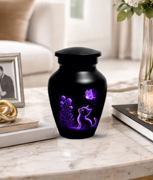 Personalized Cat Memorial Urn For Ashes - Purple Butterfly Pet Urns for Cats