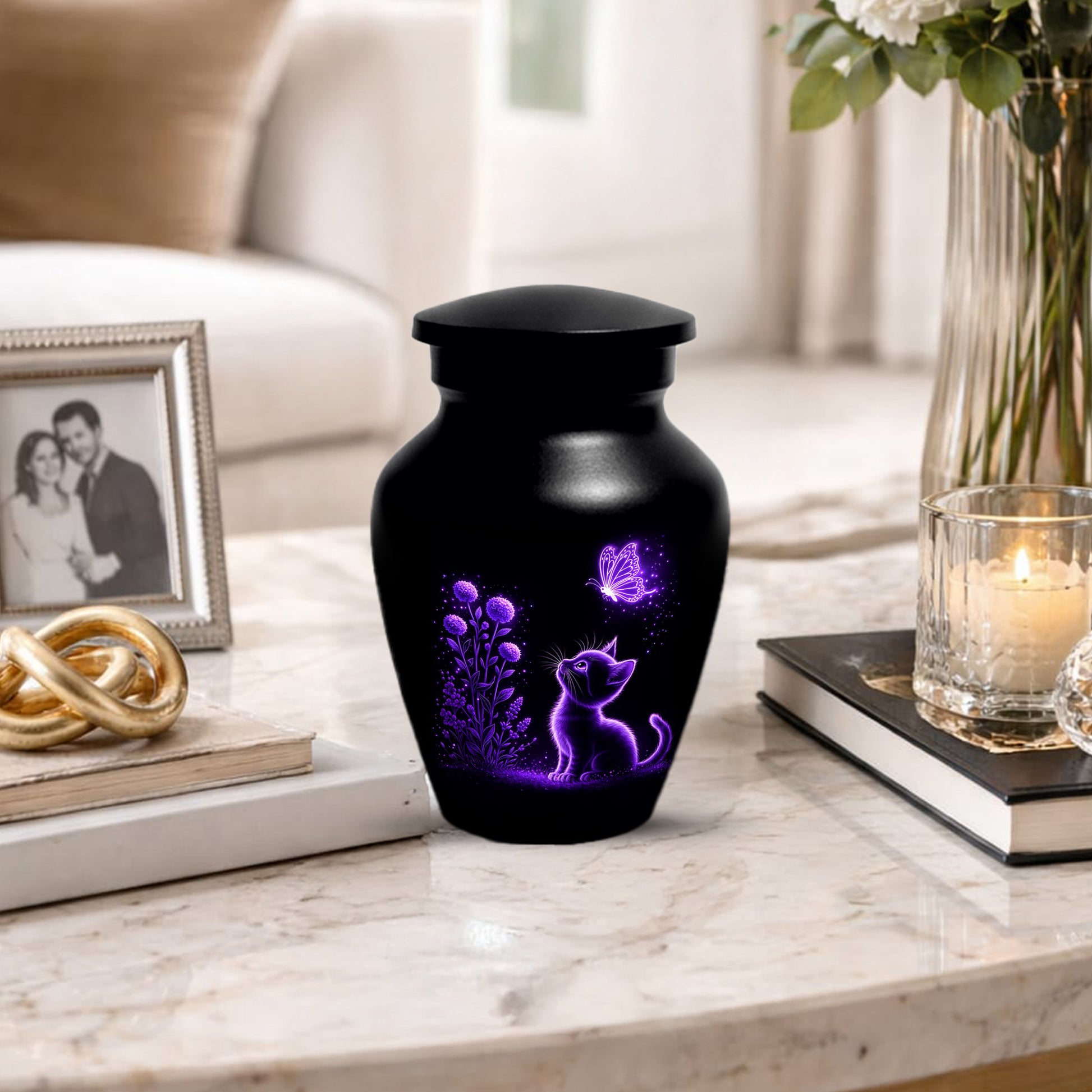 Personalized Cat Memorial Urn For Ashes - Purple Butterfly Pet Urns for Cats