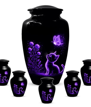 Personalized Cat Memorial Urn For Ashes - Purple Butterfly Pet Urns for Cats