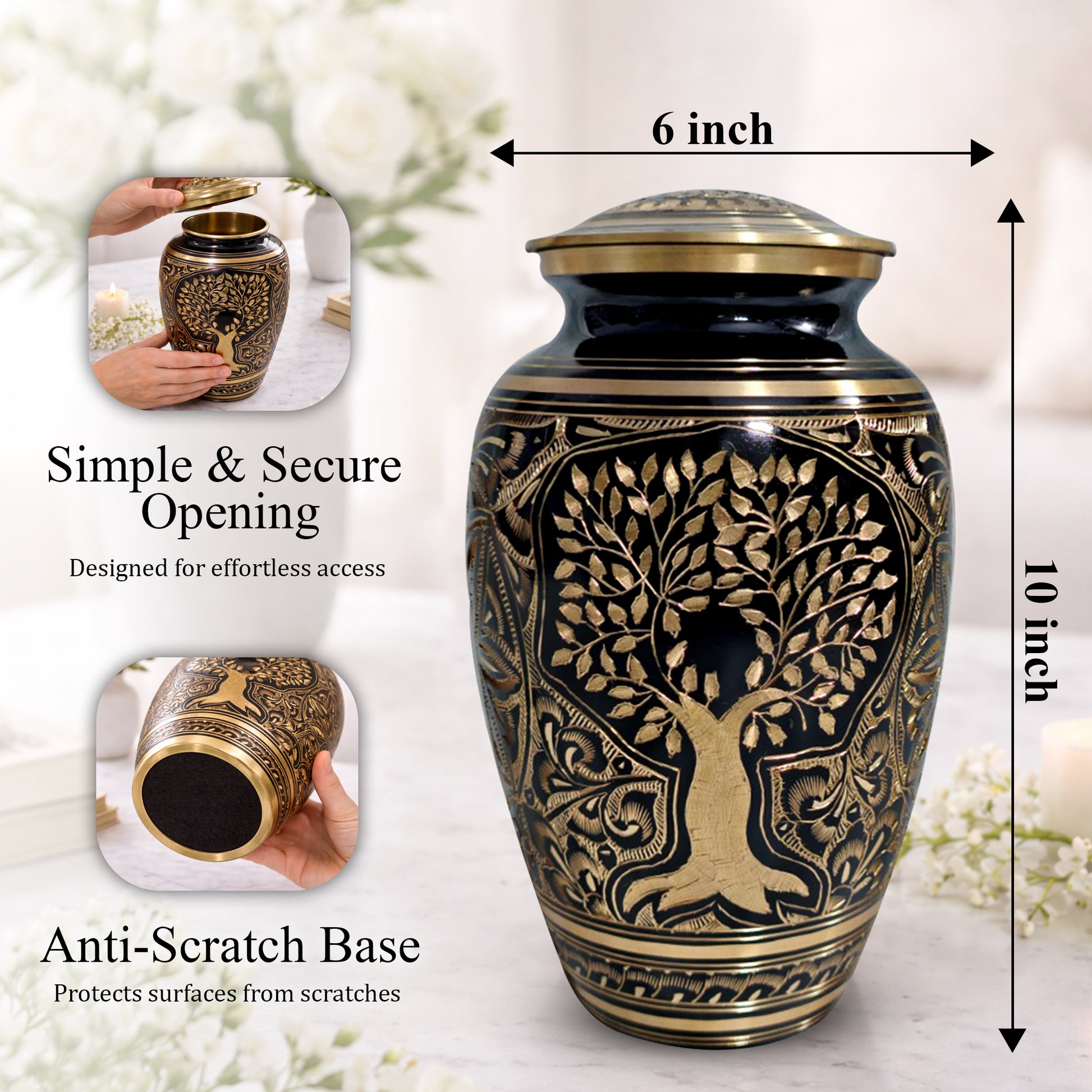 Tree Of Life Urn for Human Ashes - Hand Engraved Brass Burial Cremation Urns