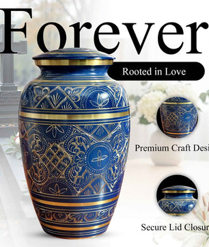 Blue Cremation Urn For Human Ashes - Brass Burial Large Urns (10", 200CU)