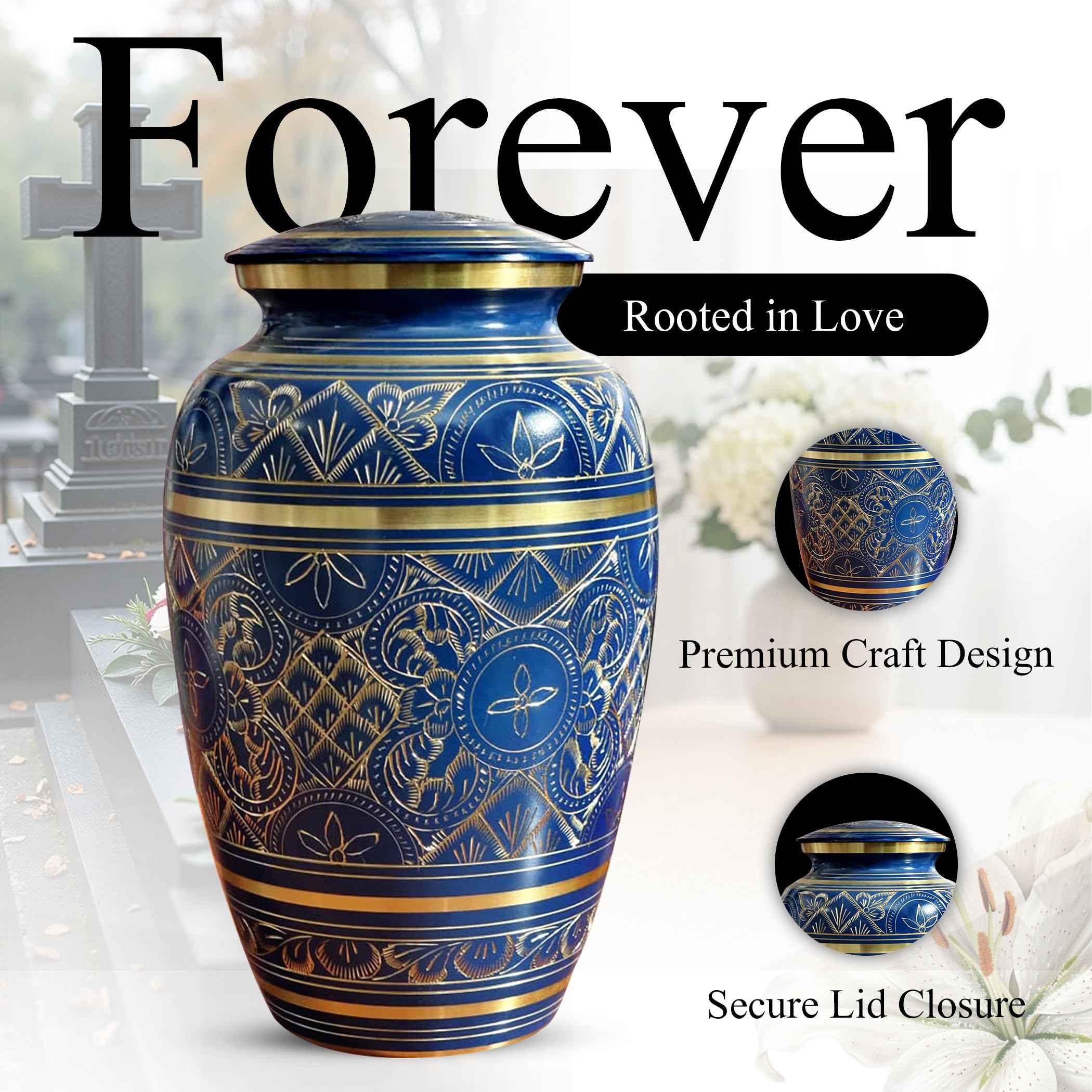 Blue Cremation Urn For Human Ashes - Brass Burial Large Urns (10", 200CU)