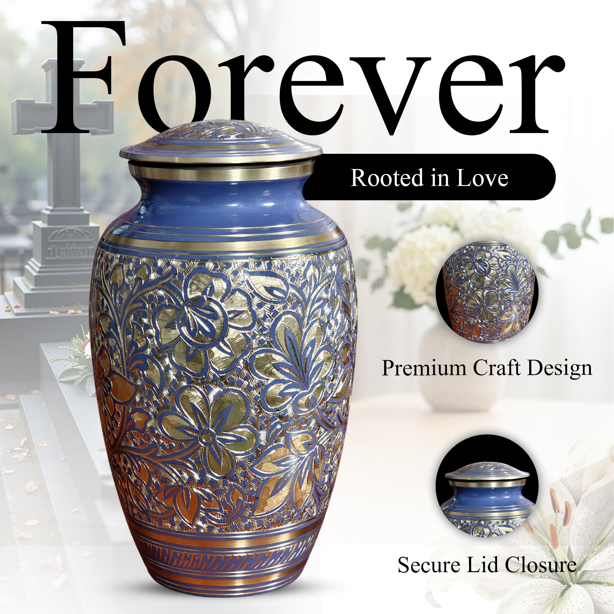 Blue Flower Urn For Human Ashes - Engraved Floral Brass Burial Urns (200 CU)