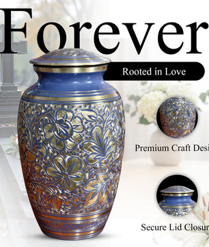 Blue Flower Urn For Human Ashes - Engraved Floral Brass Burial Urns (200 CU)
