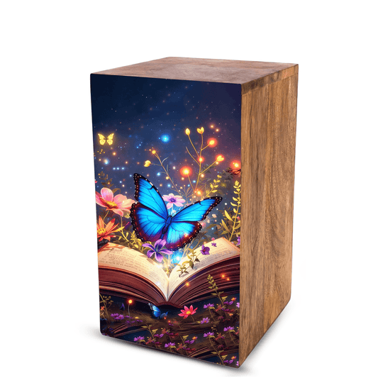 Blue Butterfly Urn For Ashes - Wooden Cremation Urns with Butterflies