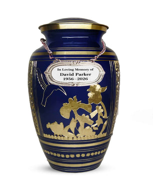 Hummingbird Brass Urn For Ashes - Blue Humming Bird Burial Urns (10", 200CU)