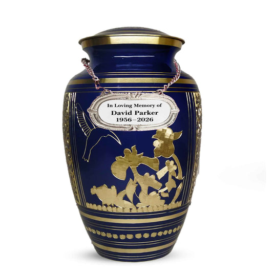 Hummingbird Brass Urn For Ashes - Blue Humming Bird Burial Urns (10", 200CU)