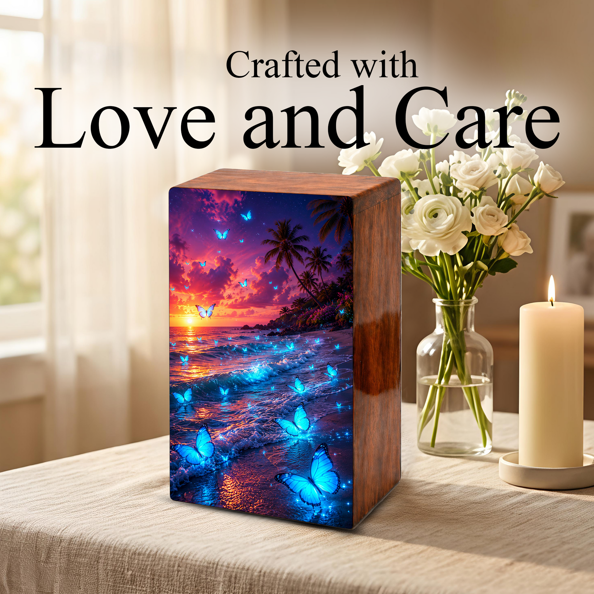 Blue Butterfly Urn For Ashes Mom - Beach Scene Cremation Urns For Adult Women