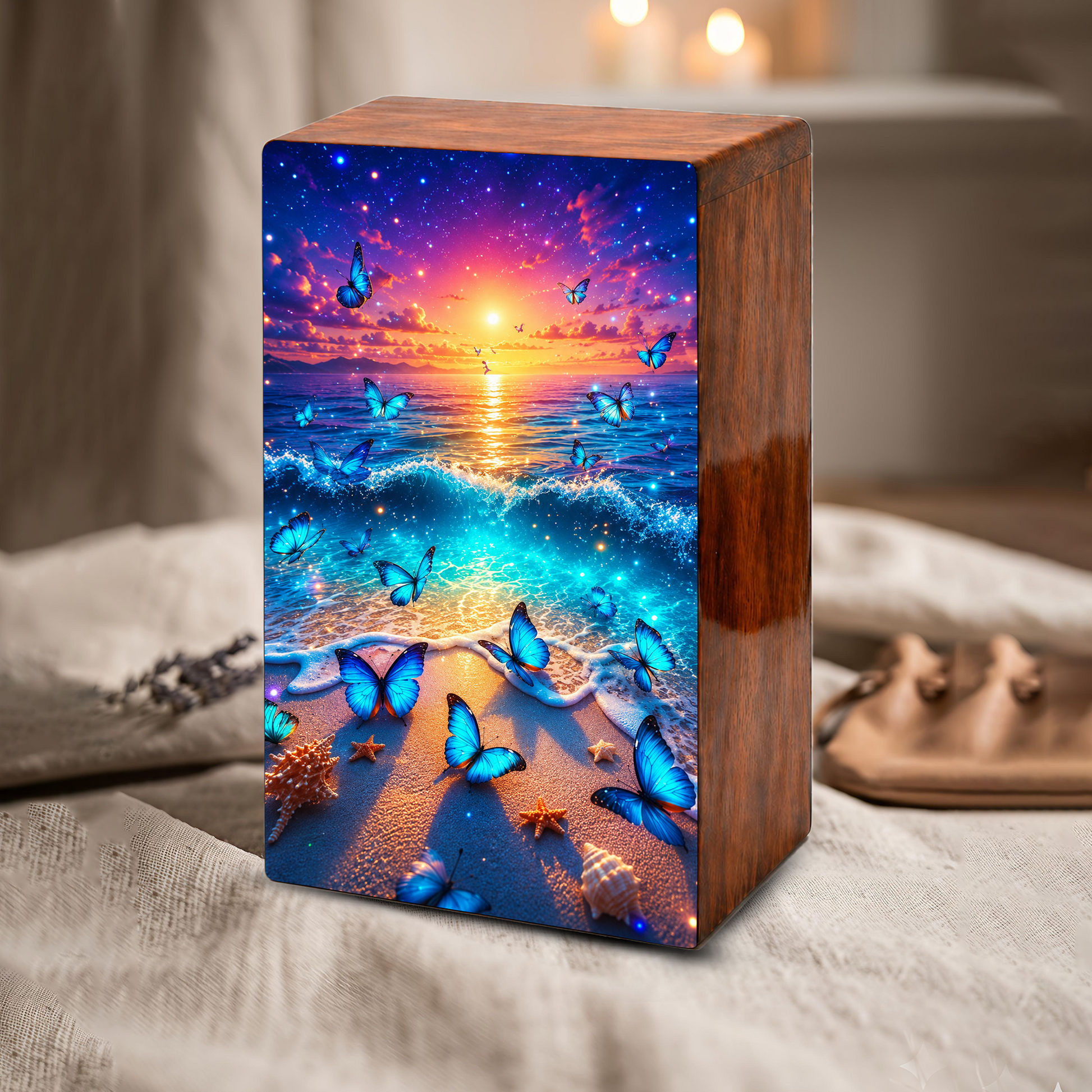 Butterfly Urn For Ashes Female - Beach Scene Cremation Urn with Butterflies