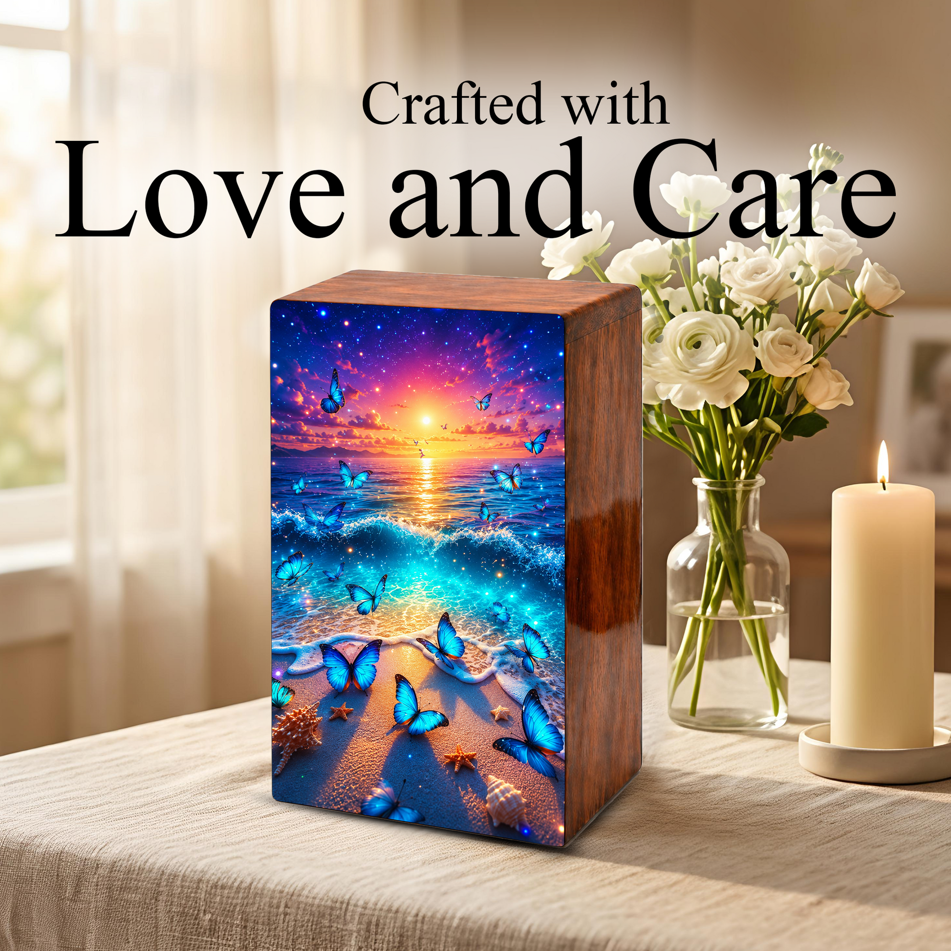 Butterfly Urn For Ashes Female - Beach Scene Cremation Urn with Butterflies