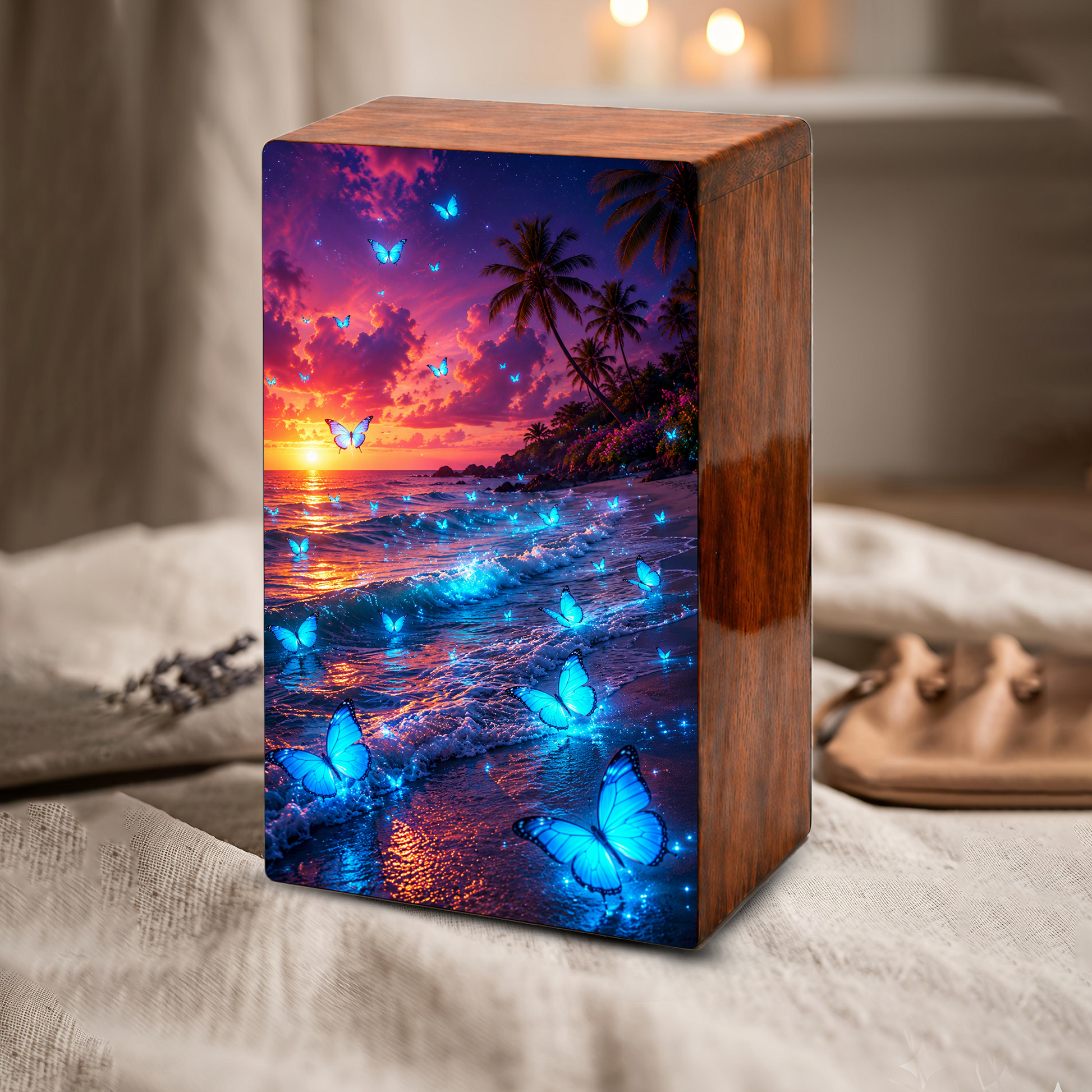 Blue Butterfly Urn For Ashes Mom - Beach Scene Cremation Urns For Adult Women