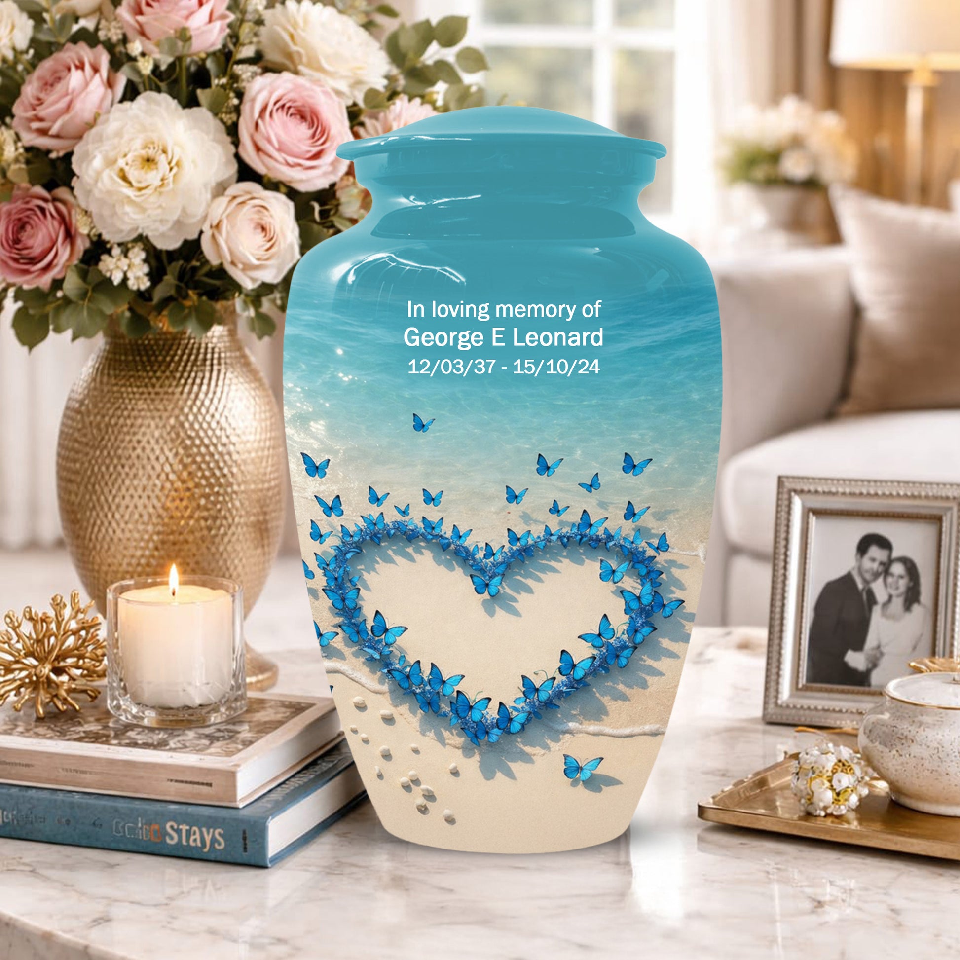 Beach Butterfly Urn for Ashes - Blue Butterfly Memorial Urns for Mom & Women