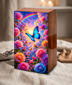 Blue Butterfly Urn For Ashes Women - Wooden Flower Mini Cremation Urn with Butterflies