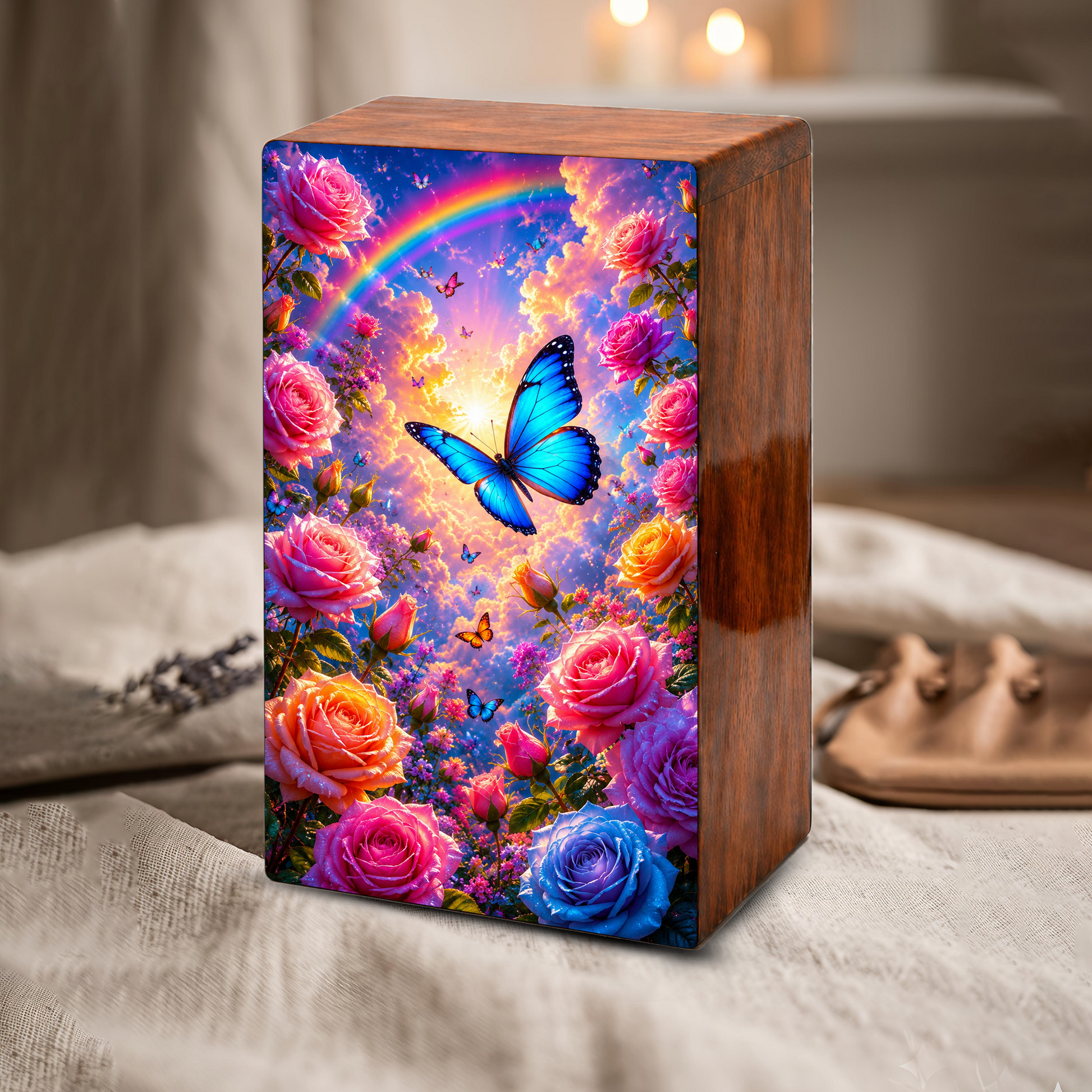 Blue Butterfly Urn For Ashes Women - Wooden Flower Mini Cremation Urn with Butterflies