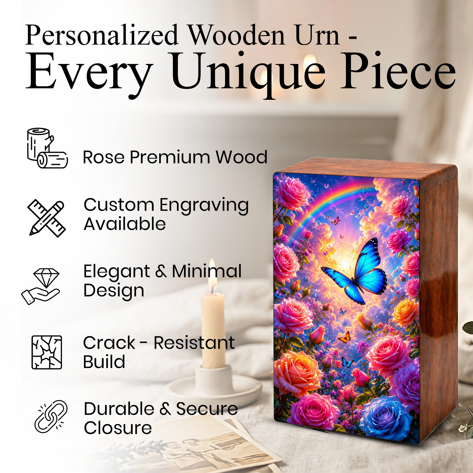 Blue Butterfly Urn For Ashes Women - Wooden Flower Mini Cremation Urn with Butterflies