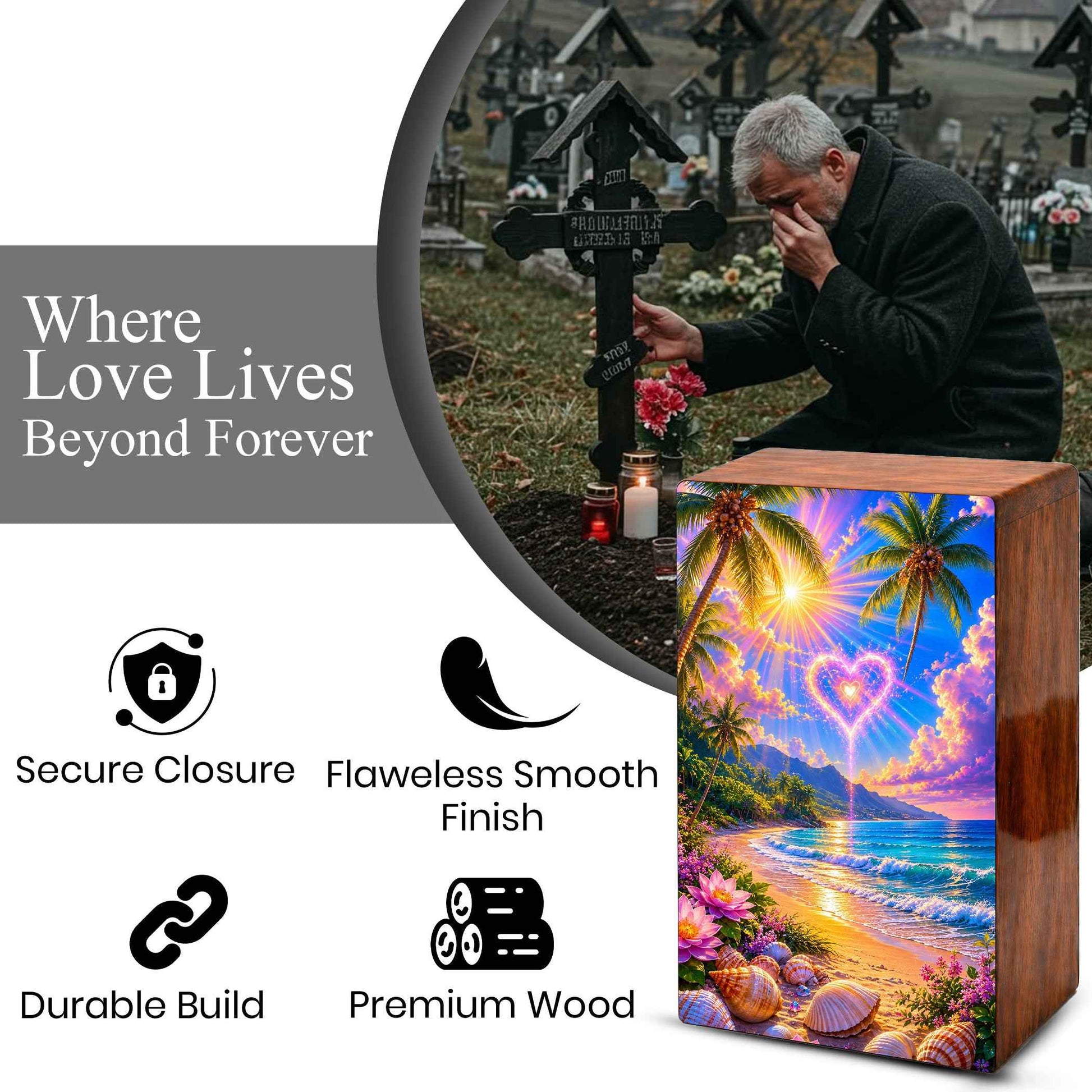 Beach Scene Cremation Urn – Tropical Ocean Large Urn Box for Mom and Dad
