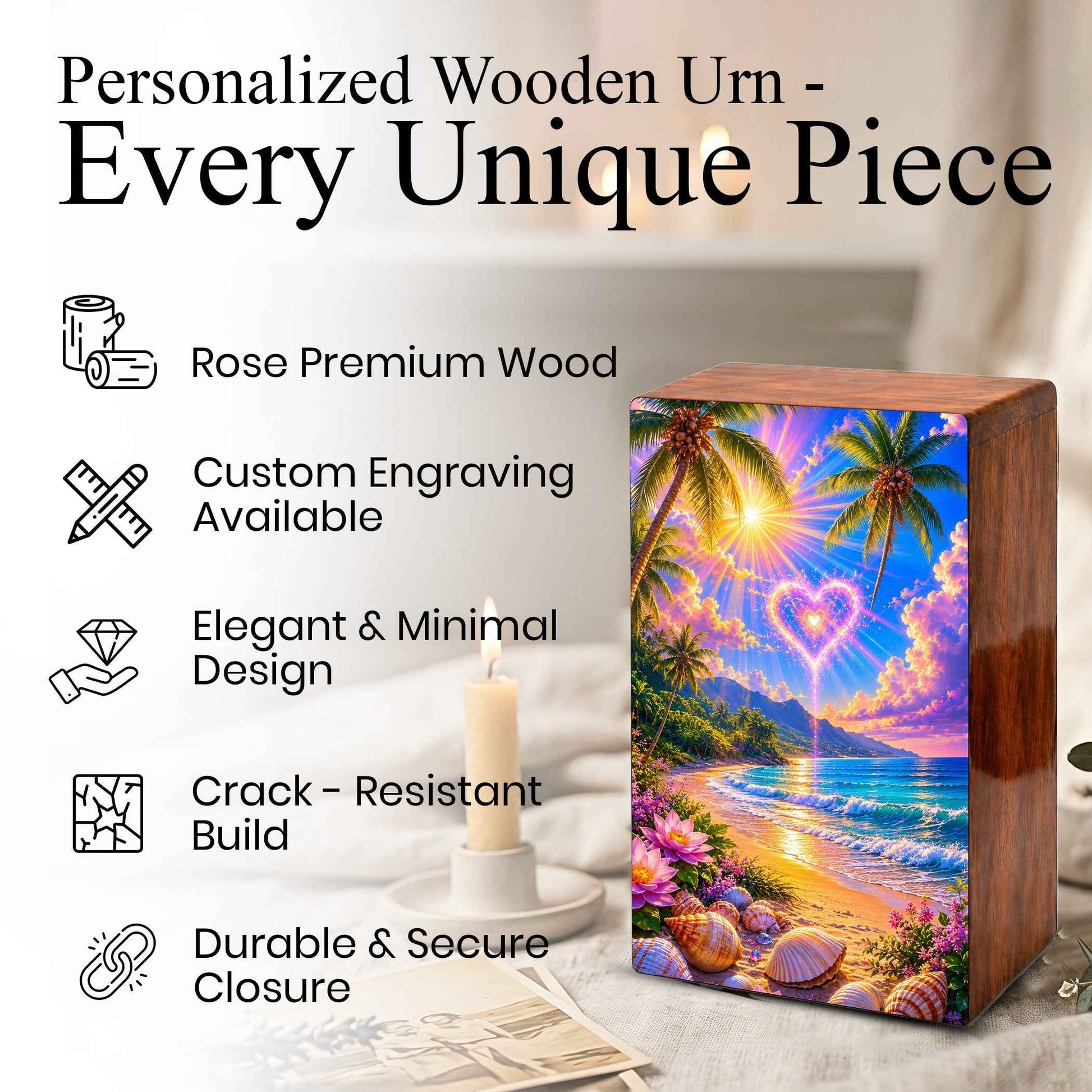 Beach Scene Cremation Urn – Tropical Ocean Large Urn Box for Mom and Dad