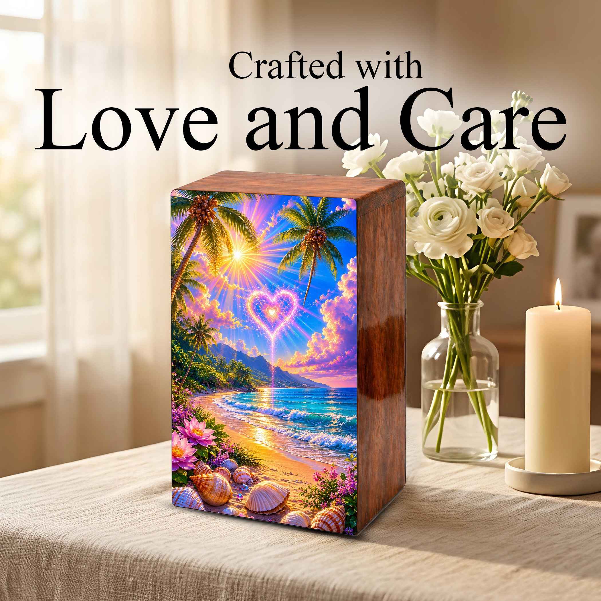 Beach Scene Cremation Urn – Tropical Ocean Large Urn Box for Mom and Dad