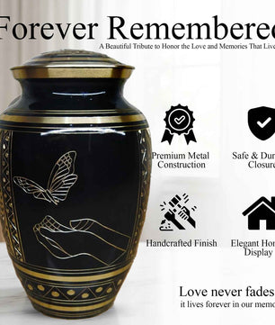 Butterfly Urn For Ashes - Black and Gold Commemorative Brass Burial Urns (10", 200CU)