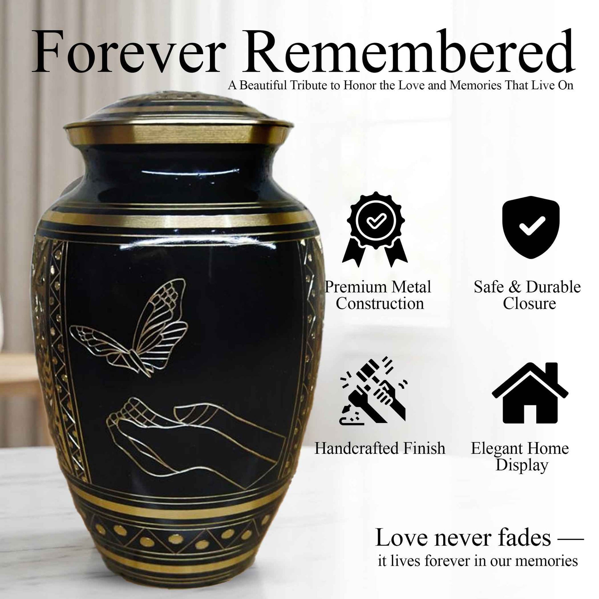 Butterfly Urn For Ashes - Black and Gold Commemorative Brass Burial Urns (10", 200CU)