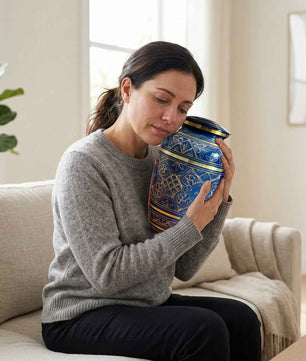 Blue Cremation Urn For Human Ashes - Brass Burial Large Urns (10", 200CU)