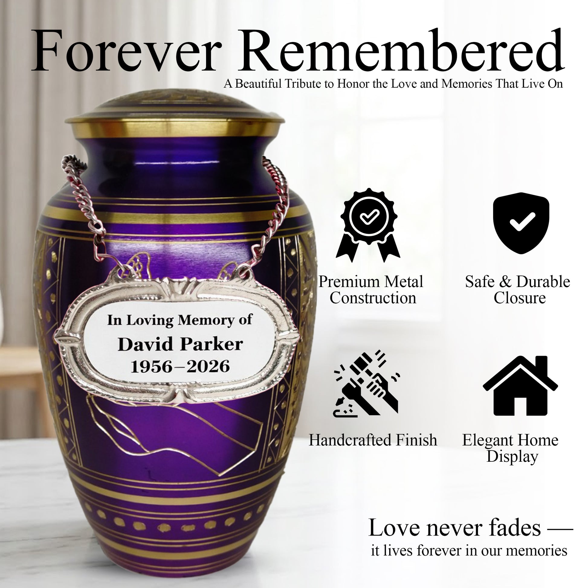 Purple Butterfly Engraved Urn For Ashes - Commemorative Brass Burial Urns (10", 200CU)