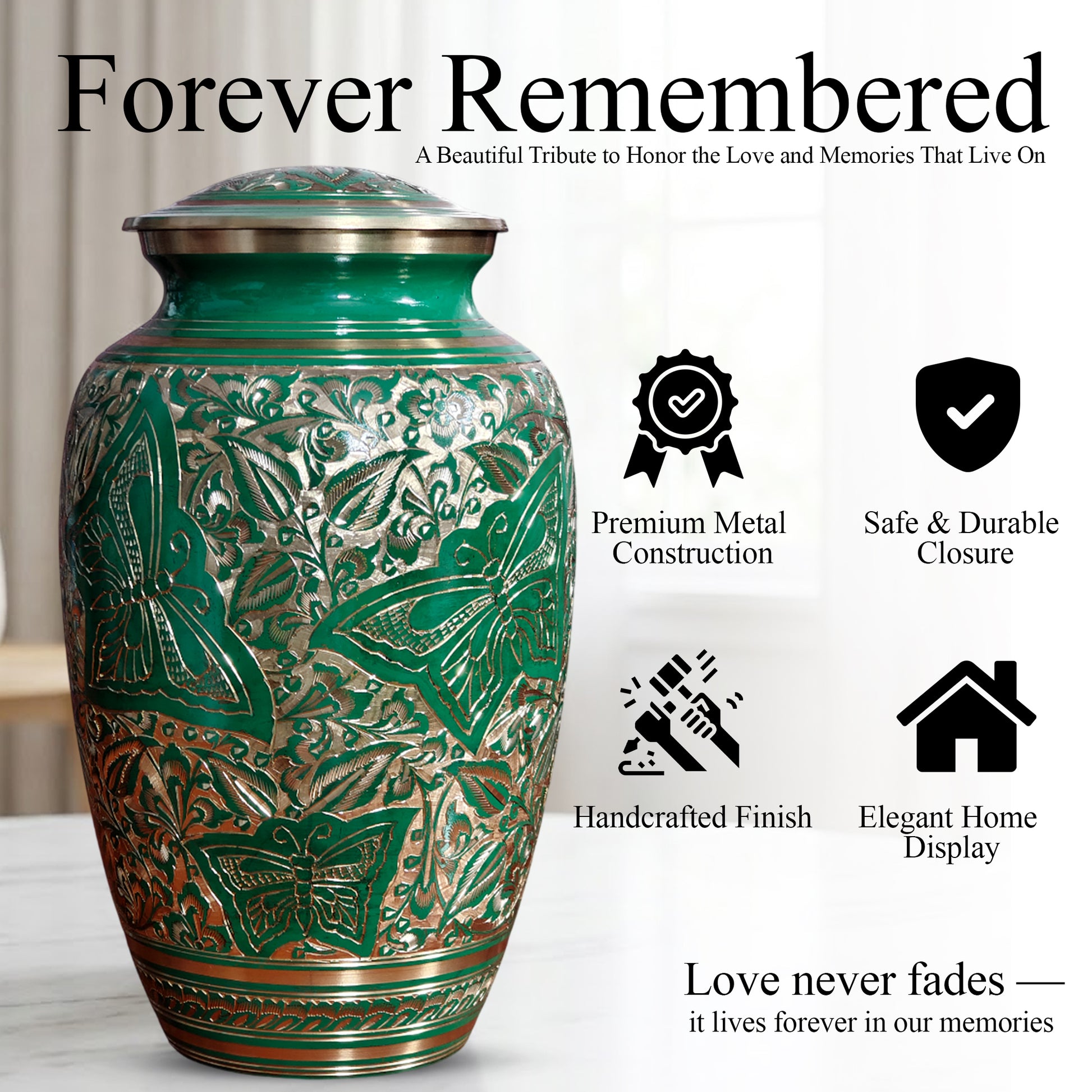 Green Butterfly Burial Urn For Human Ashes - Engraved Burial Brass Urns