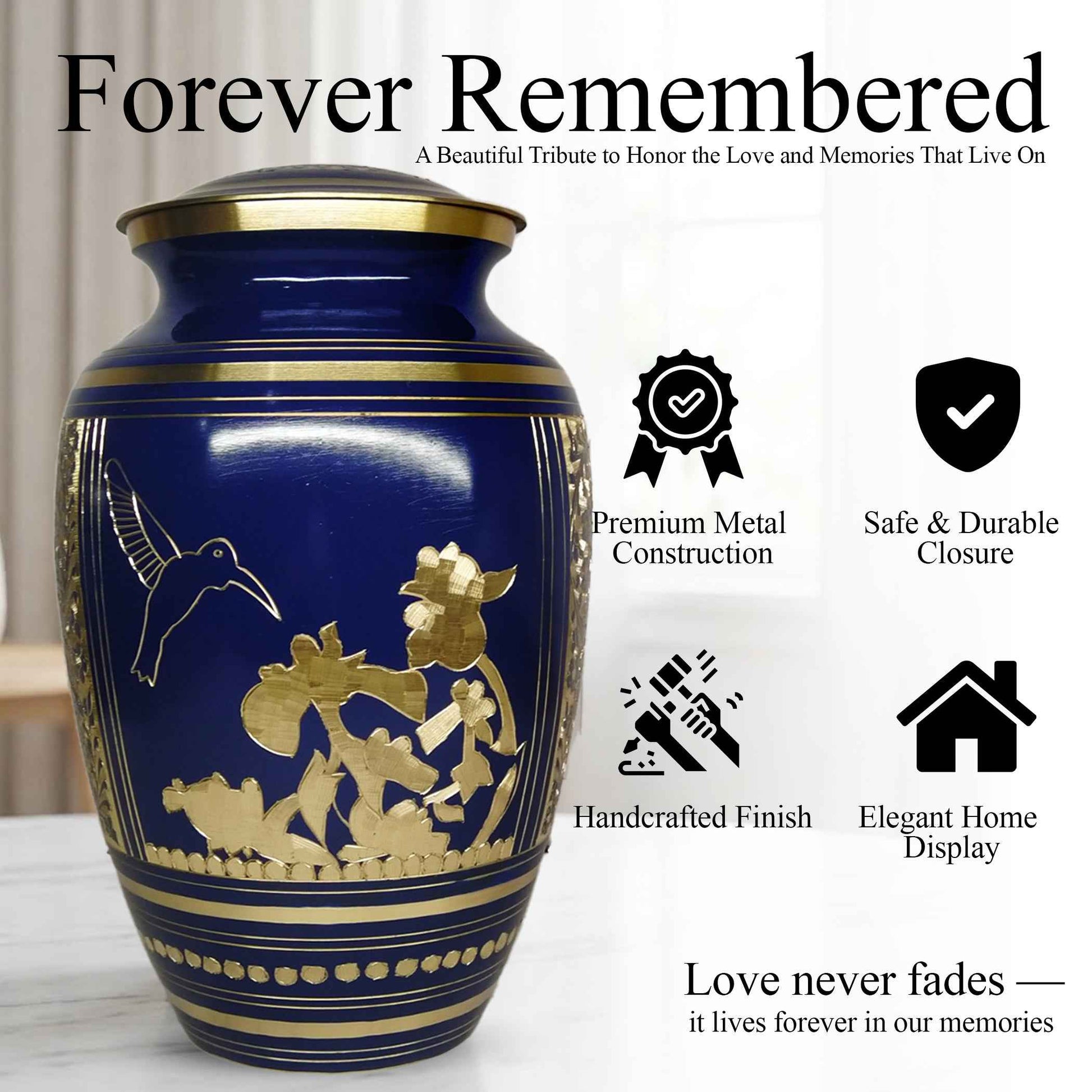 Hummingbird Brass Urn For Ashes - Blue Humming Bird Burial Urns (10", 200CU)