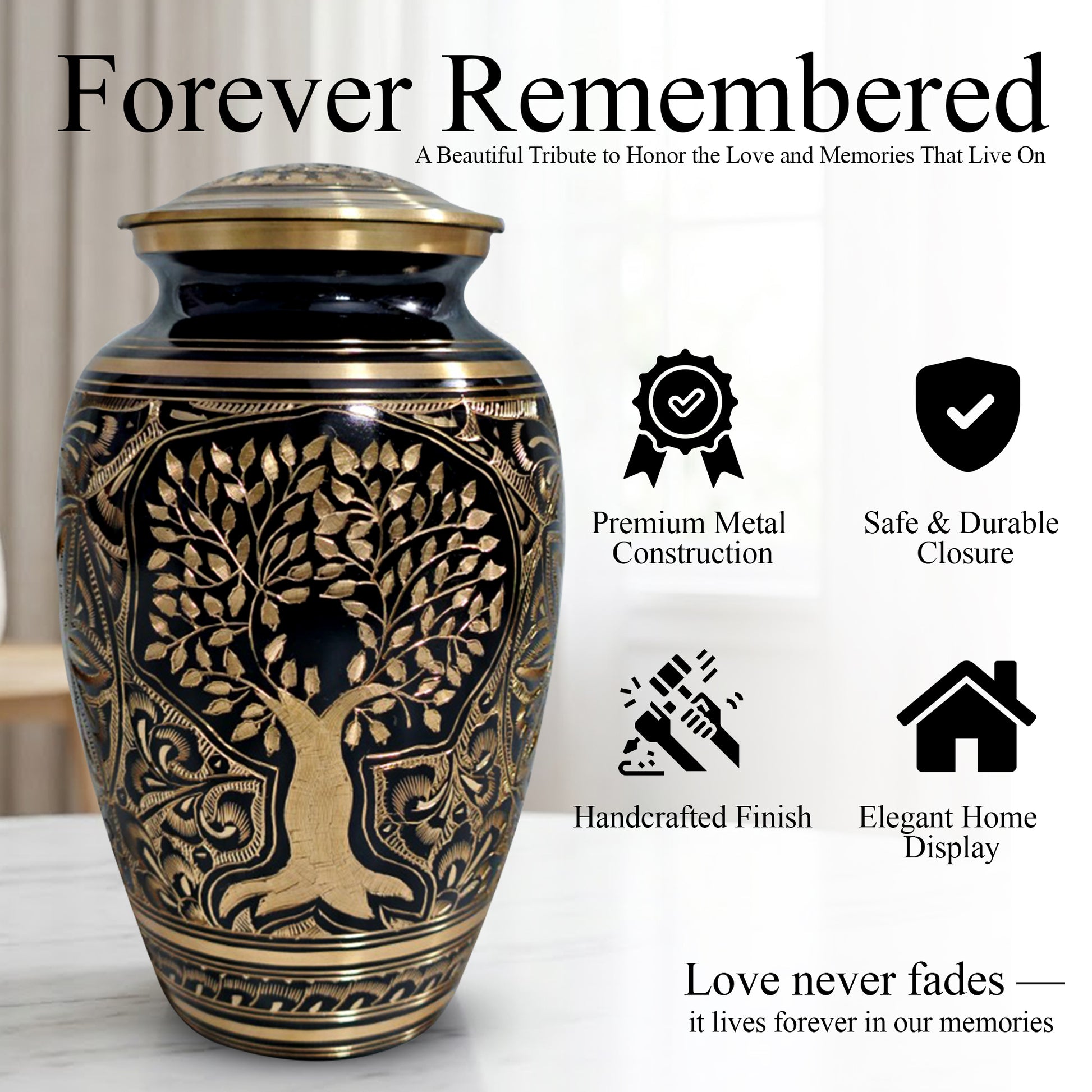 Tree Of Life Urn for Human Ashes - Hand Engraved Brass Burial Cremation Urns