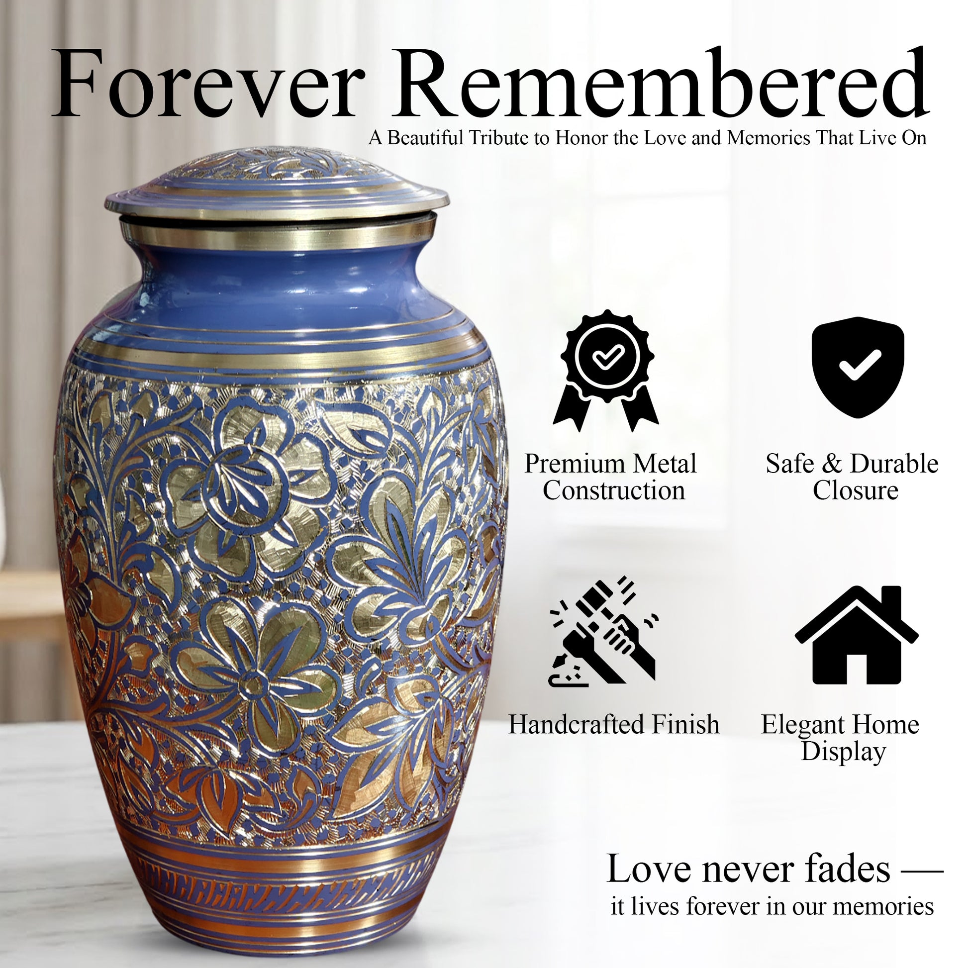 Blue Flower Urn For Human Ashes - Engraved Floral Brass Burial Urns (200 CU)