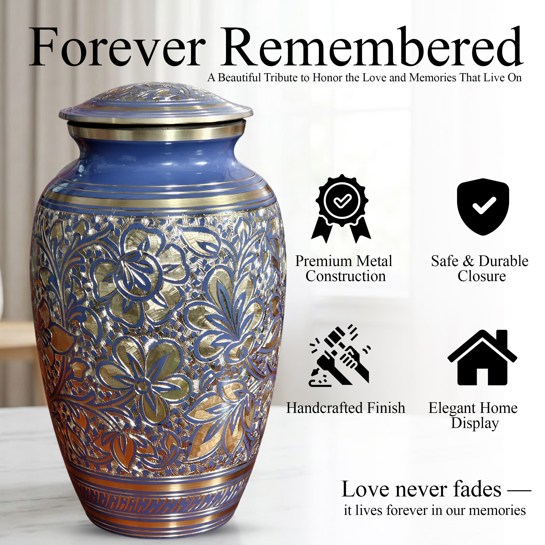 Blue Flower Urn For Human Ashes - Engraved Floral Brass Burial Urns (200 CU)