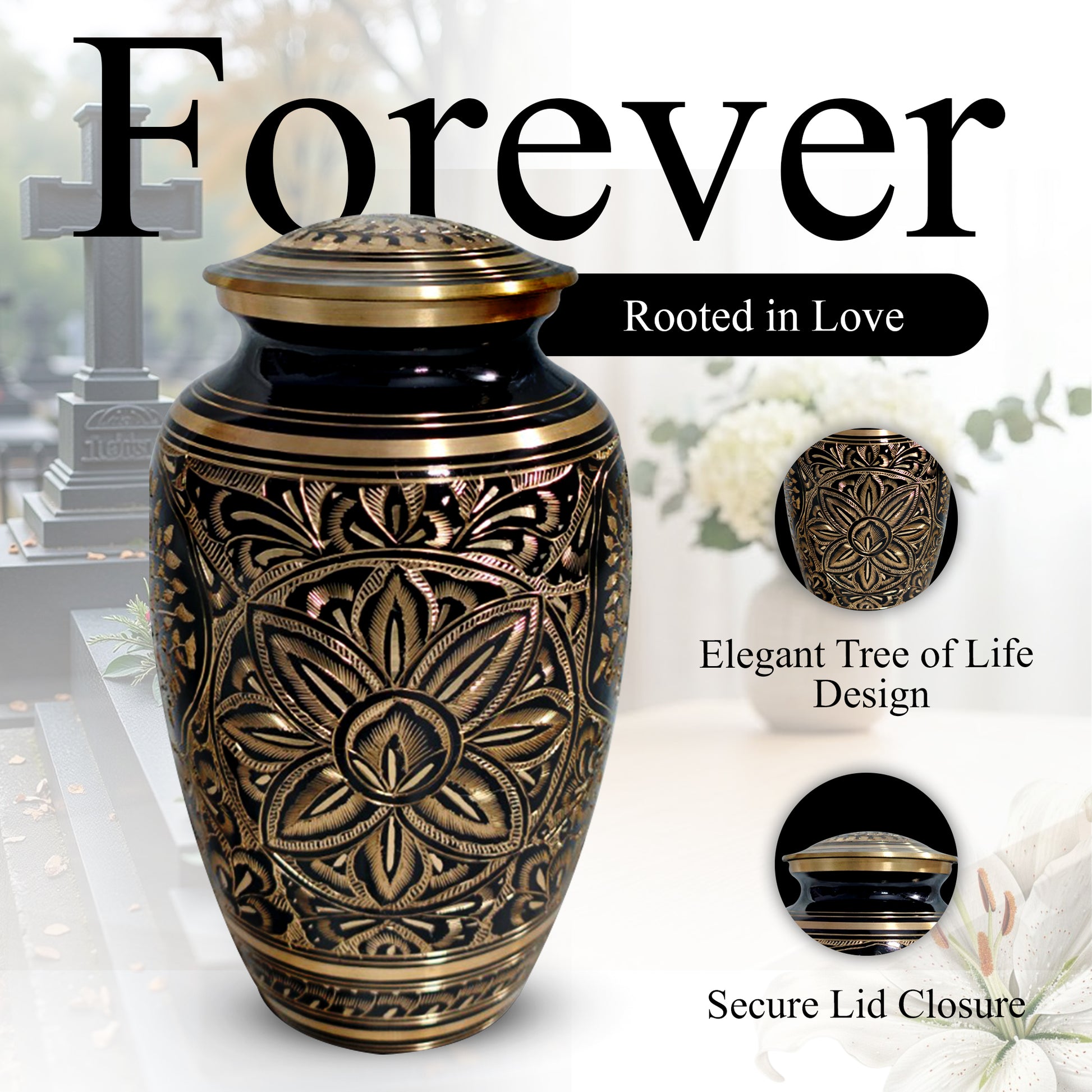 Flower Ground Burial Urns For Ashes - Hand Engraved Floral Brass Urn For Cremation