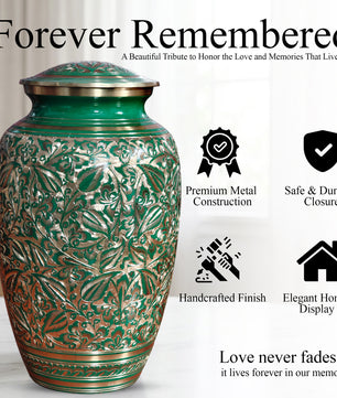Green Burial Urn For Human Ashes - Hand Engraved Floral Brass Urns (200 CU)