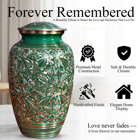 Green Burial Urn For Human Ashes - Hand Engraved Floral Brass Urns (200 CU)