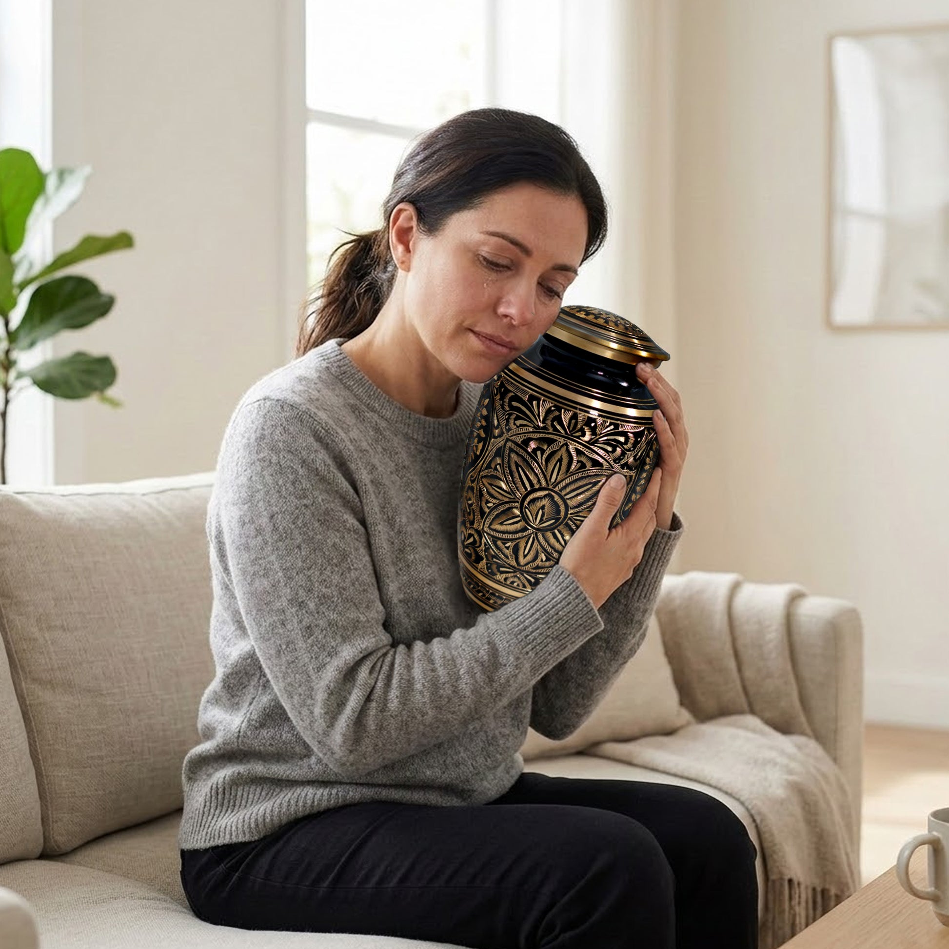 Flower Ground Burial Urns For Ashes - Hand Engraved Floral Brass Urn For Cremation