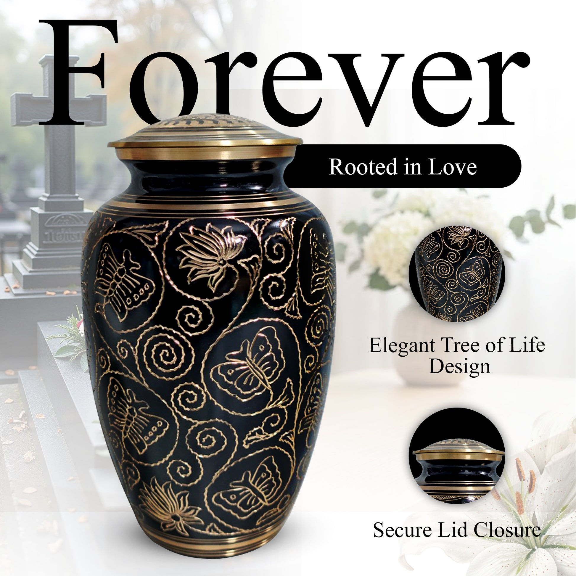 Butterfly Brass Urn for Adults – Flower Engraved Burial Urns For Human Ashes