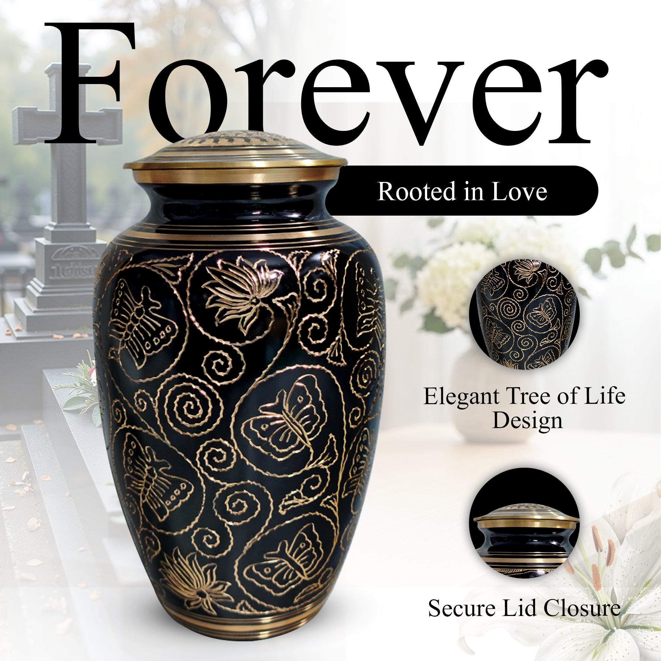 Butterfly Brass Urn for Adults – Flower Engraved Burial Urns For Human Ashes