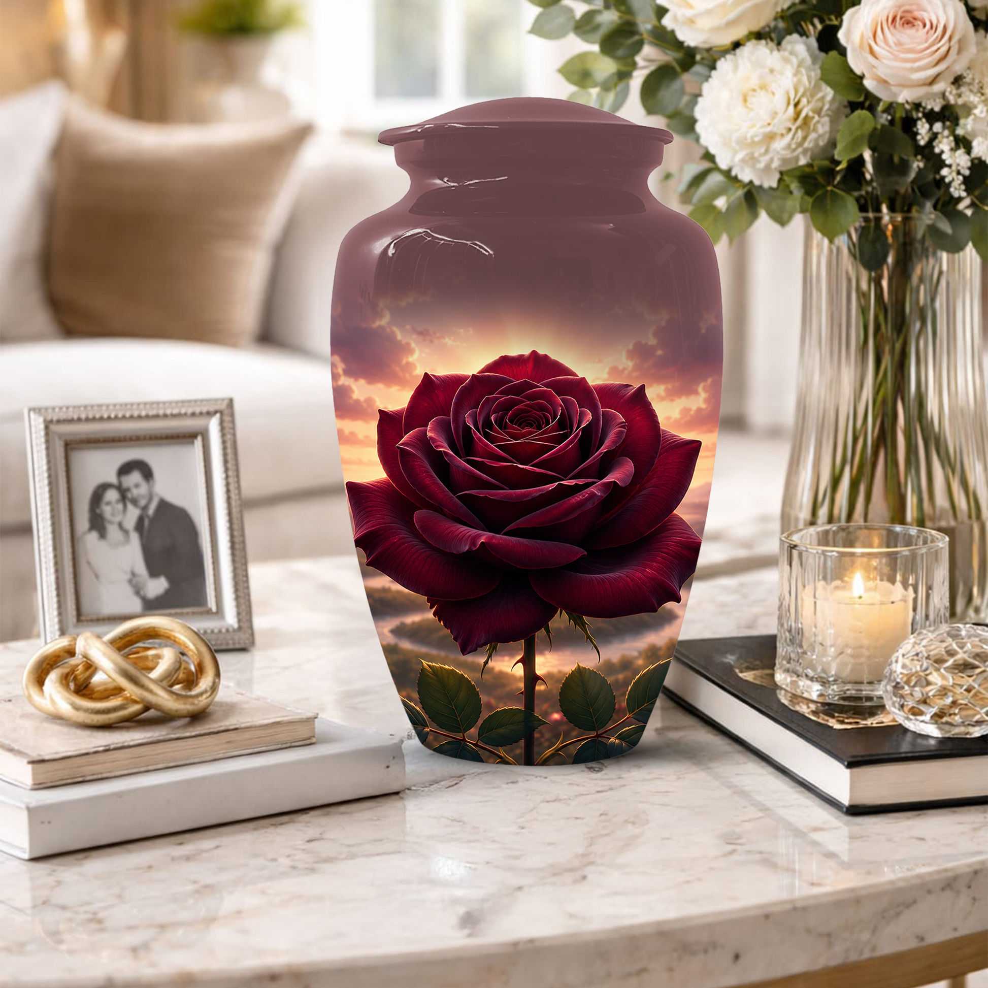 Red Rose Cremation Urn for Ashes - Personalized Floral Memorial for Mom