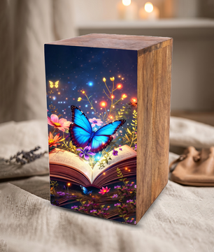 Blue Butterfly Urn For Ashes - Wooden Cremation Urns with Butterflies