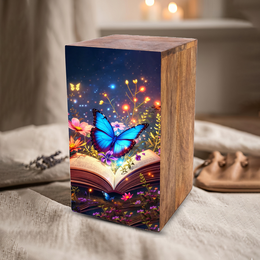 Blue Butterfly Urn For Ashes - Wooden Cremation Urns with Butterflies