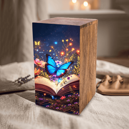 Blue Butterfly Urn For Ashes - Wooden Cremation Urns with Butterflies