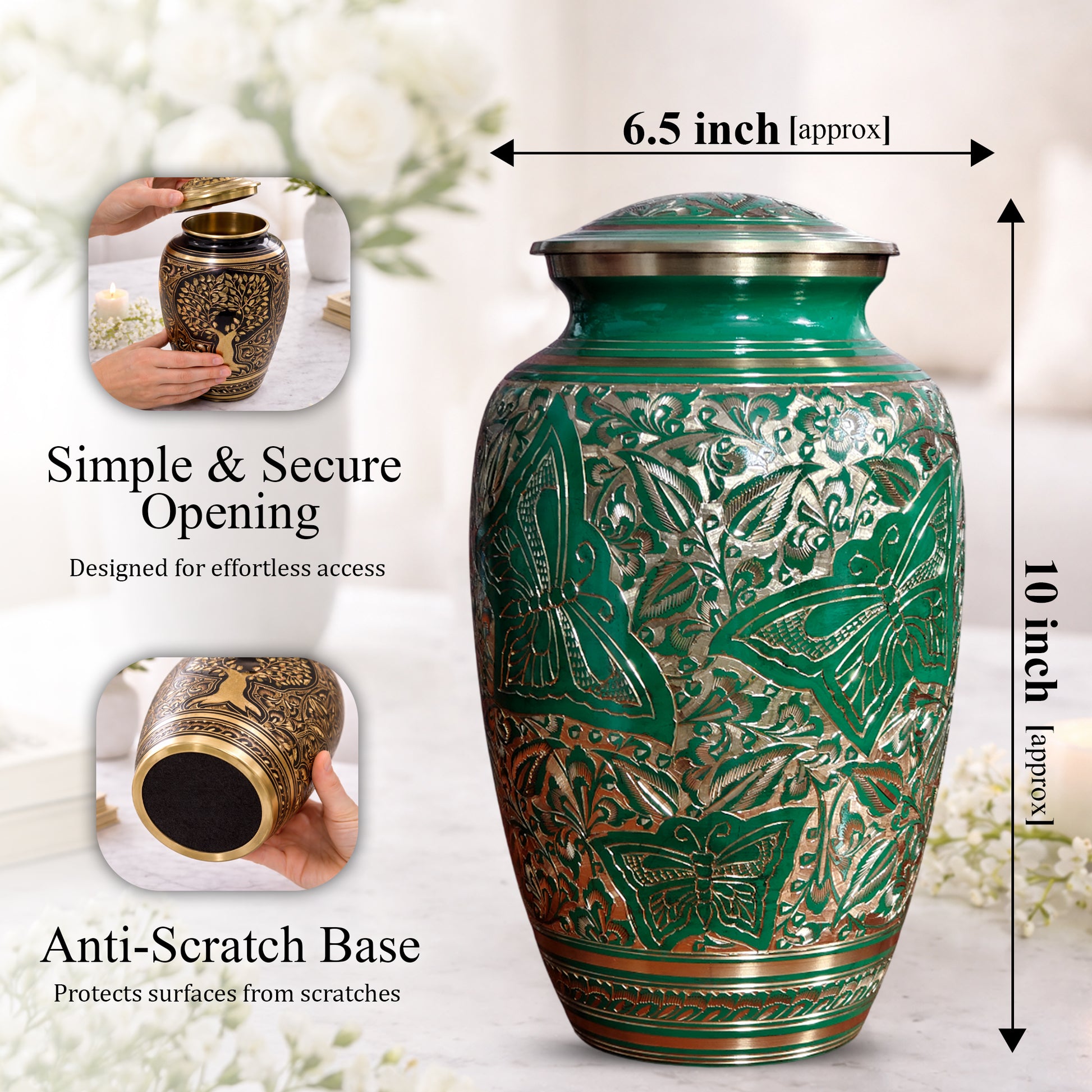 Green Butterfly Burial Urn For Human Ashes - Engraved Burial Brass Urns