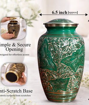 Green Butterfly Burial Urn For Human Ashes - Engraved Burial Brass Urns